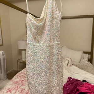 white sequin iridescent hoco dress off shoulder